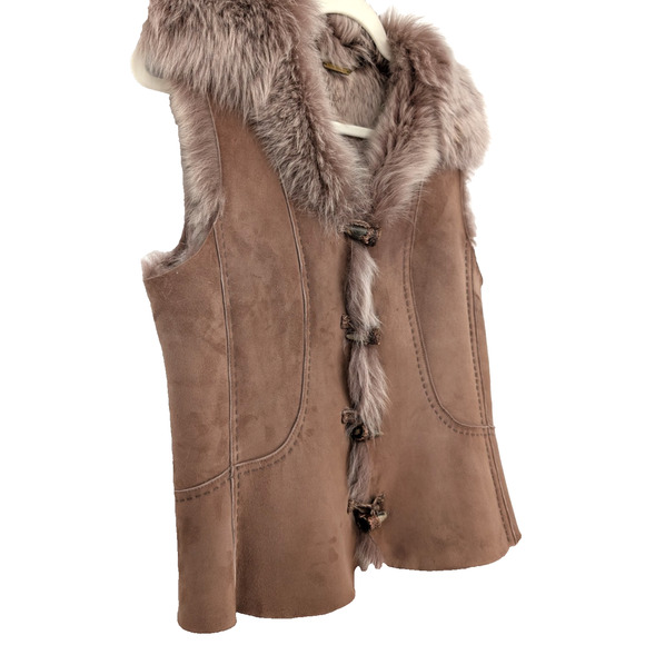 VTG Elie Tahari Shearling Suede Fur Trim Vest Toggle Closure Tan Boho Western MD - Picture 7 of 12